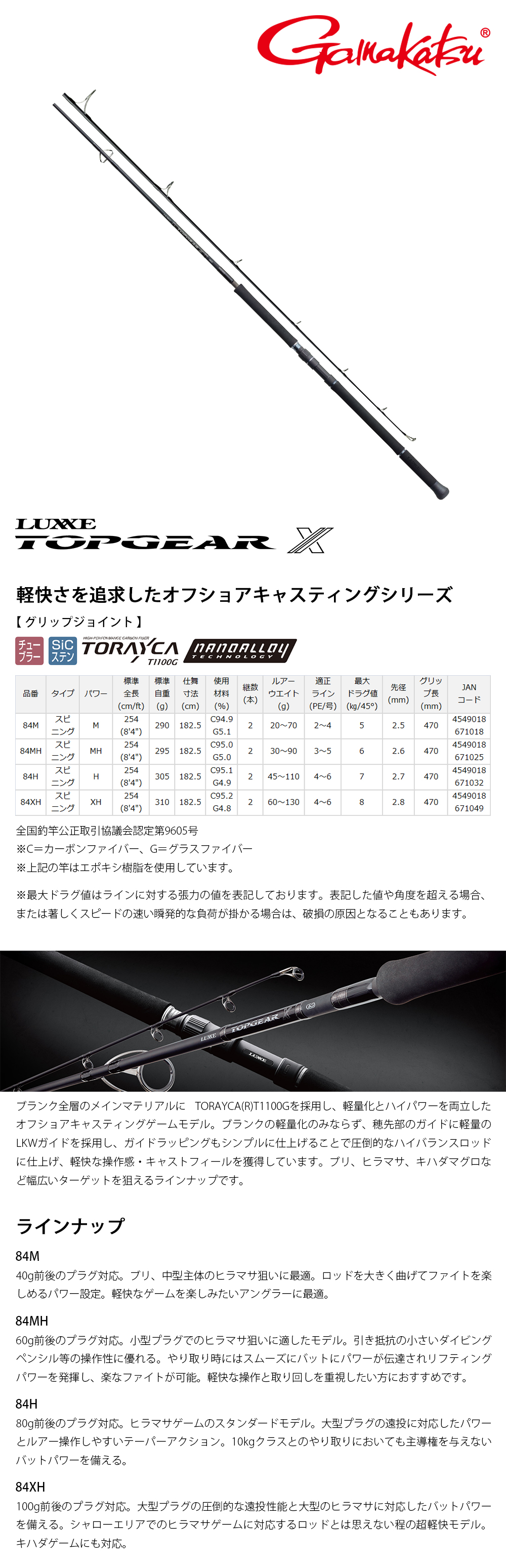 GAMAKATSU LUXXE TOPGEAR X 84M [船釣路亞竿] [船拋竿] - 漁拓釣具官方